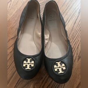 Tory Burch Black Leather Flats with Gold Logo Pristine Condition